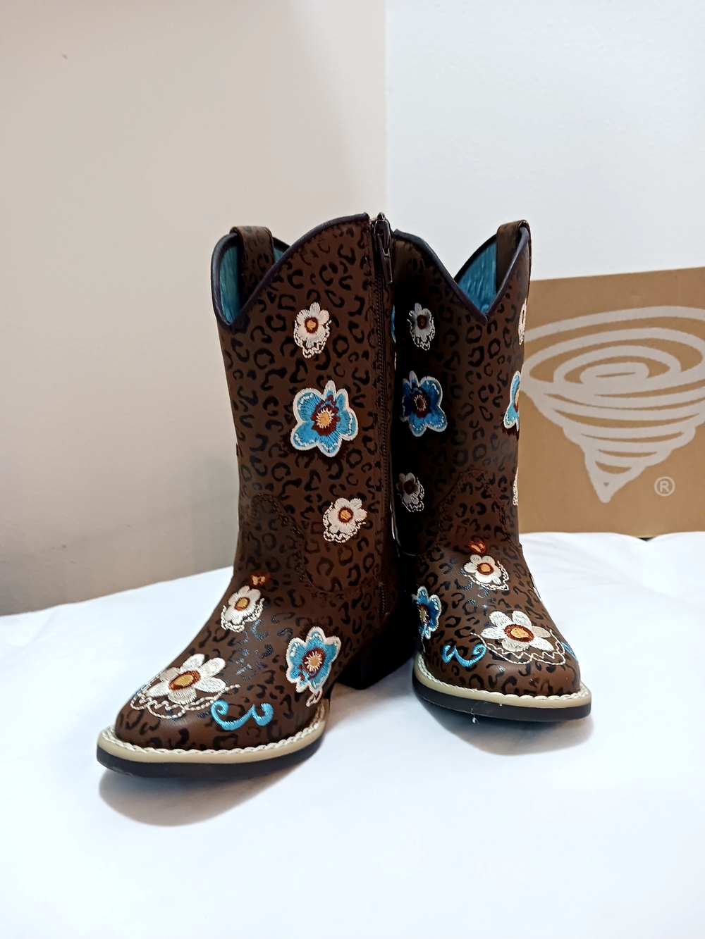 Twister Brown Floral Embroidered Kids Western Boots with Blue Accents